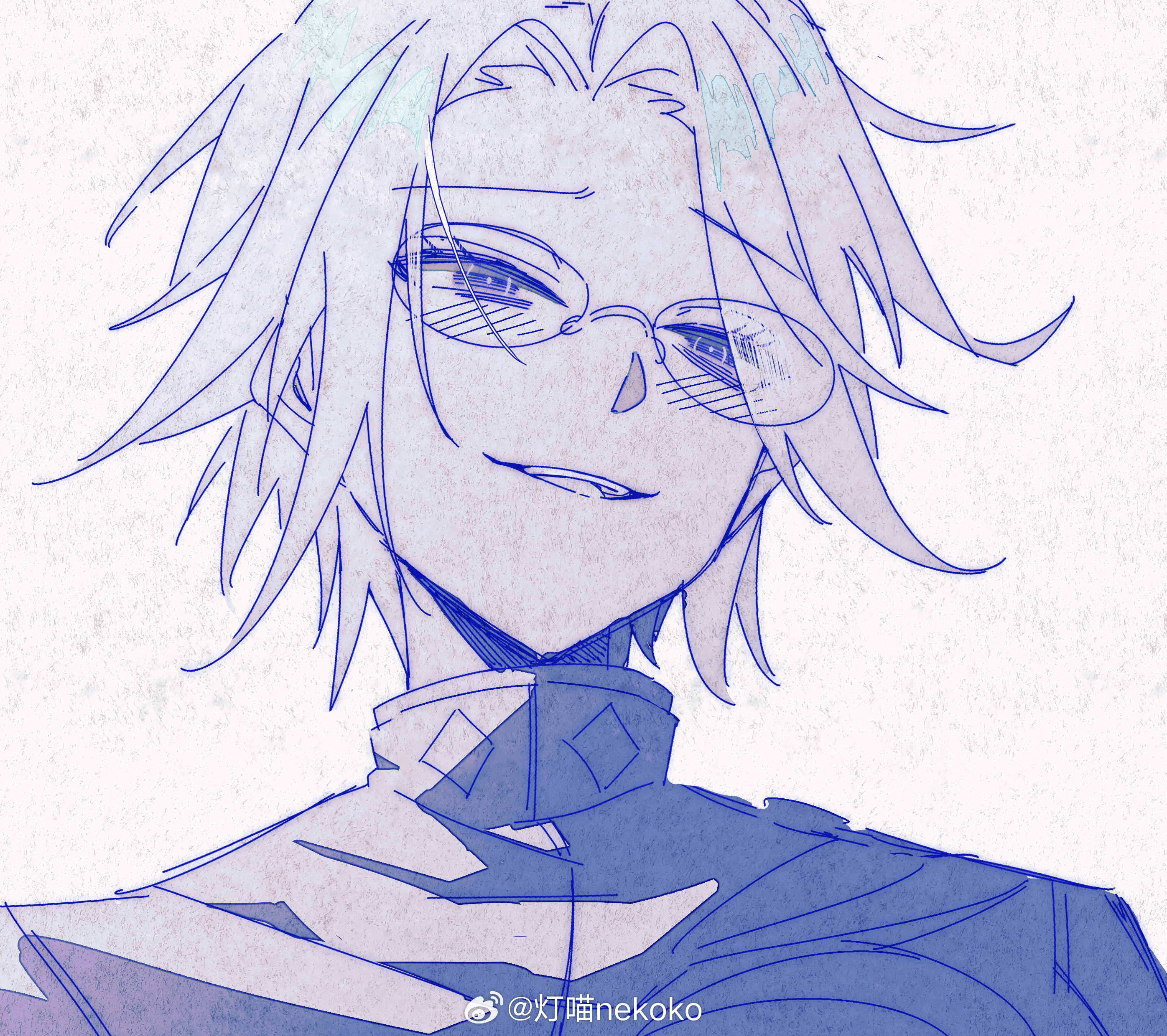 aotsuki eito, the hundred line -last defense academy-, absurdres, chinese commentary, commentary request, highres, 1boy, blue theme, blush, deng miao nekoko, eyes visible through hair, glasses, last defense academy school uniform, male focus, monochrome, open mouth, portrait, school uniform, short hair, smile, solo, watermark, weibo watermark, white background