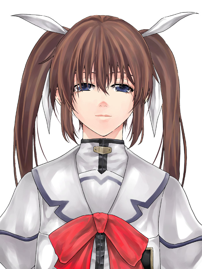 raid slash, takamachi nanoha, takamachi nanoha (aggressor mode), lyrical nanoha, mahou shoujo lyrical nanoha, mahou shoujo lyrical nanoha strikers, uniform, 00s, 1girl, blue eyes, bow, bowtie, brown hair, buckle, closed mouth, dress, female focus, long hair, looking at viewer, magical girl, red bow, red bowtie, smile, solo, twintails, upper body, white dress