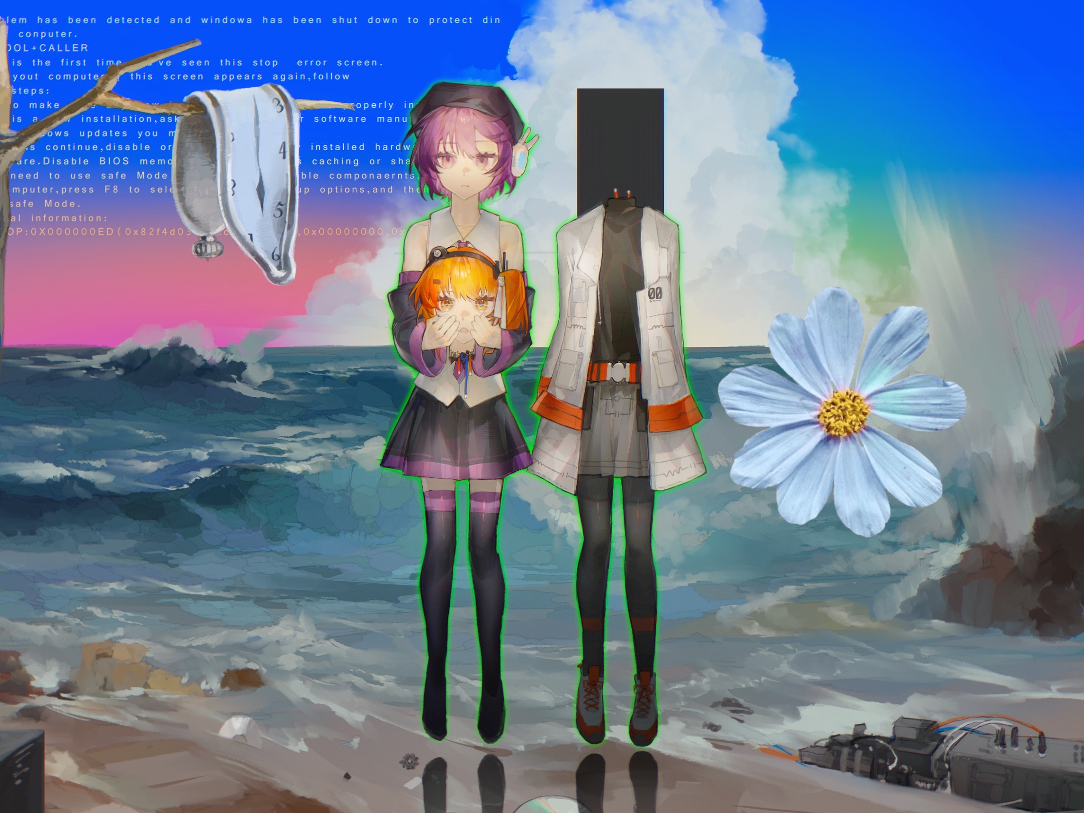 5e35rika, adachi rei, utane uta, a.i. voice, kikaijima (utau), the persistence of memory, utau, highres, 2girls, android, bare tree, beach, beret, black boots, black hat, black pantyhose, black shirt, black skirt, blue screen of death, blue sky, boots, cable, clock, cloud, cumulonimbus cloud, day, detached sleeves, english text, expressionless, floating, flower, gradient sky, green outline, grey skirt, hat, headlamp, holding detached head, jacket, looking at viewer, machinery, multiple girls, ocean, one side up, open clothes, open jacket, orange eyes, orange hair, outdoors, outline, pantyhose, pink sky, pleated skirt, purple eyes, purple hair, severed head, shirt, shoes, short hair, side-by-side, skirt, sky, sleeveless, sleeveless shirt, sneakers, straight-on, surreal, thigh boots, tree, waves, white flower, white jacket, white shirt