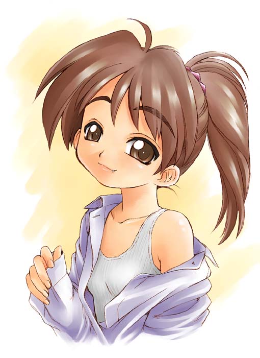 ebifly, brown eyes, brown hair, fang, flat chest, off shoulder, ponytail, solo