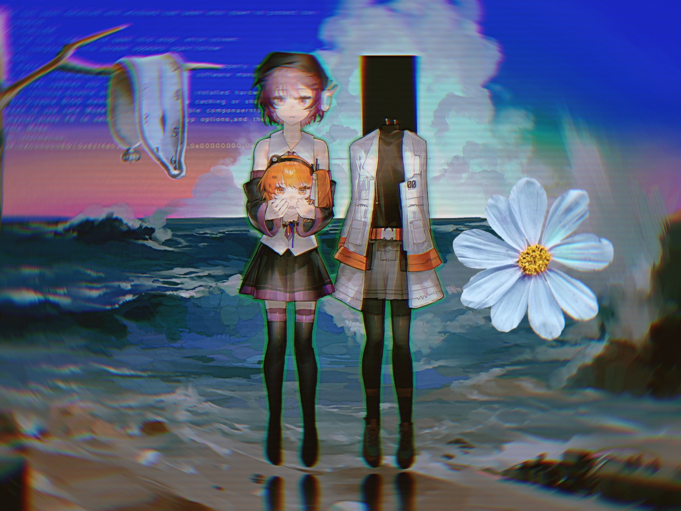 5e35rika, adachi rei, utane uta, a.i. voice, kikaijima (utau), the persistence of memory, utau, highres, 2girls, android, bare tree, beach, beret, black boots, black hat, black pantyhose, black shirt, black skirt, blue screen of death, blue sky, blurry, boots, cable, clock, cloud, cumulonimbus cloud, day, detached sleeves, english text, expressionless, floating, flower, gradient sky, green outline, grey skirt, hat, headlamp, holding detached head, jacket, looking at viewer, machinery, multiple girls, ocean, one side up, open clothes, open jacket, orange eyes, orange hair, outdoors, outline, pantyhose, pink sky, pleated skirt, purple eyes, purple hair, scanlines, severed head, shirt, shoes, short hair, side-by-side, skirt, sky, sleeveless, sleeveless shirt, sneakers, straight-on, surreal, thigh boots, tree, waves, white flower, white jacket, white shirt