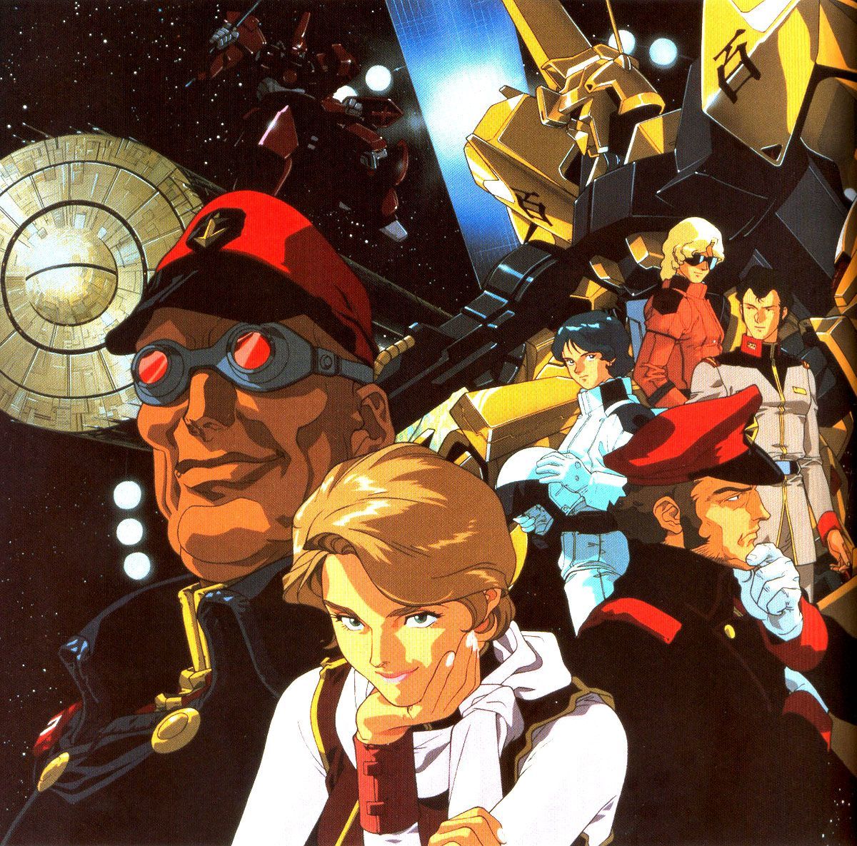 kitazume hiroyuki, bask om, bright noa, galbaldy beta, hyaku shiki, kamille bidan, lila milla rira, quattro bajeena, gundam, zeta gundam, 1980s (style), official art, scan, traditional media, 1990s (style), 1girl, 5boys, aeug, bald, beam rifle, black hair, blue hair, brown hair, cable, earth federation, energy gun, goggles, green eyes, hat, helmet, holding, holding unworn helmet, looking at viewer, mecha, mecha pilot suit, military hat, military rank insignia, military uniform, mobile suit, mullet, multiple boys, o'neill cylinder, oldschool, radio antenna, redesign, retro artstyle, robot, science fiction, shirt, sideburns, smirk, solar panel wings, sunglasses, titans (gundam), unworn headwear, unworn helmet, vest, weapon, white shirt, wristband