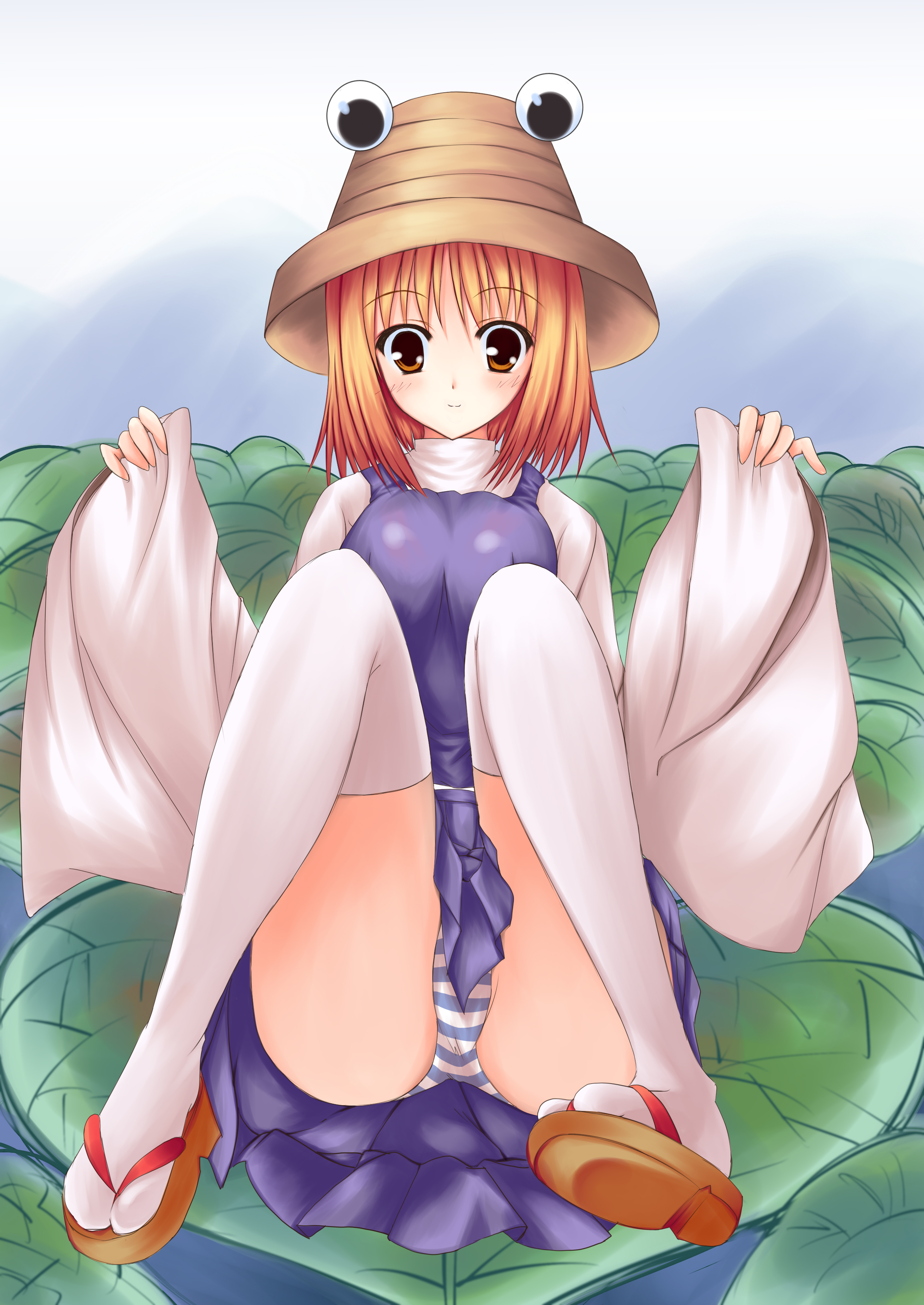 houmatsu, utakata (kochou no yume), moriya suwako, touhou, absurdres, bad id, bad pixiv id, highres, 1girl, blonde hair, clog sandals, female focus, gradient hair, hat, leaf, lily pad, long sleeves, multicolored hair, orange eyes, orange hair, panties, sandals, short hair, sitting, sitting on object, sleeves past wrists, smile, solo, striped clothes, striped panties, thighhighs, turtleneck, underwear, white thighhighs, wide sleeves, zouri
