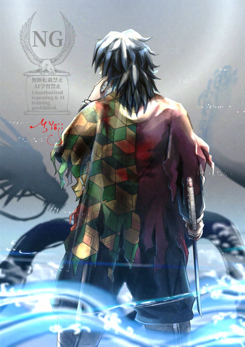 tomioka giyuu, kimetsu no yaiba, highres, 1boy, black hair, black jacket, black pants, demon slayer uniform, dragon, english text, from behind, haori, high collar, jacket, japanese clothes, kikkoumon, low ponytail, m yoji76, male focus, pants, ponytail, print haori, red haori, solo, spiked hair, standing, torn clothes, water, watermark