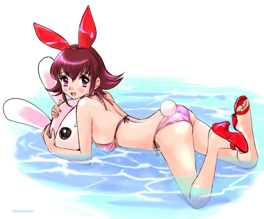 teru, teruchan, teru-usagi, original, bad id, bad pixiv id, 1girl, animal ears, arm support, ass, bikini, doll, fake animal ears, female focus, high heels, legs, open mouth, partially submerged, pink bikini, rabbit ears, rabbit tail, side-tie bikini bottom, solo, swimsuit, tail