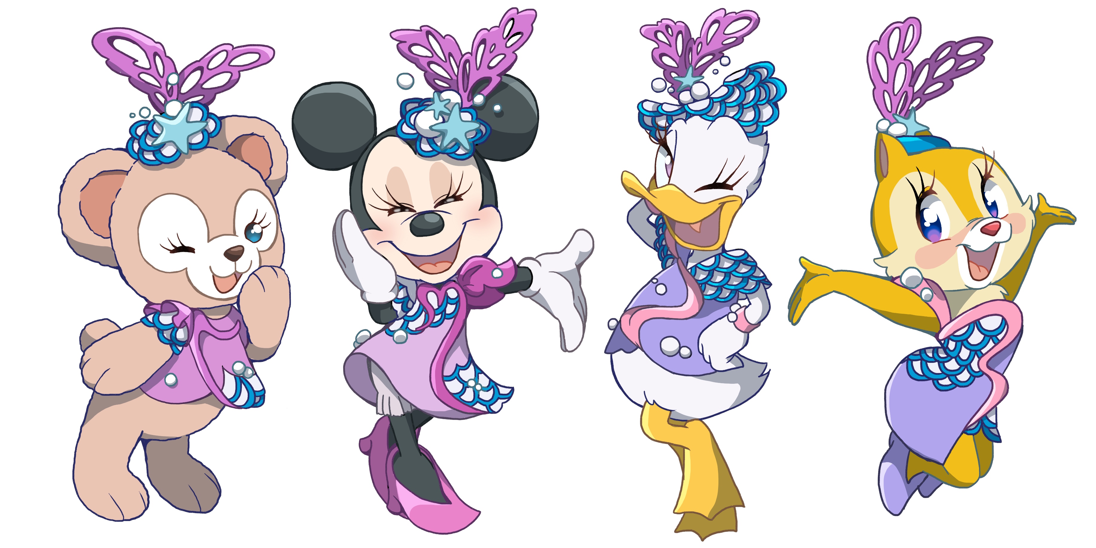 clarice (disney), daisy duck, minnie mouse, disney, disneyland, mickey mouse & friends, absurdres, highres, 4girls, abc-85az, animal ears, bear girl, bow, dress, duck girl, gloves, looking at viewer, mouse ears, mouse girl, multiple girls, open mouth, shelliemay, shirt, smile, white gloves