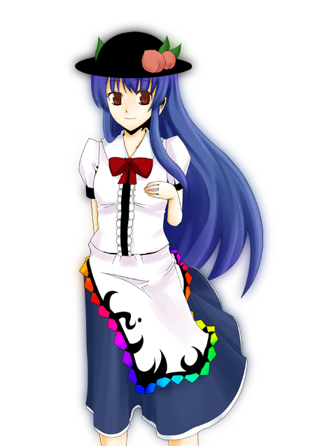 roas, hinanawi tenshi, touhou, bad id, bad pixiv id, 1girl, blue hair, female focus, food, fruit, hat, long hair, peach, solo, standing, white background