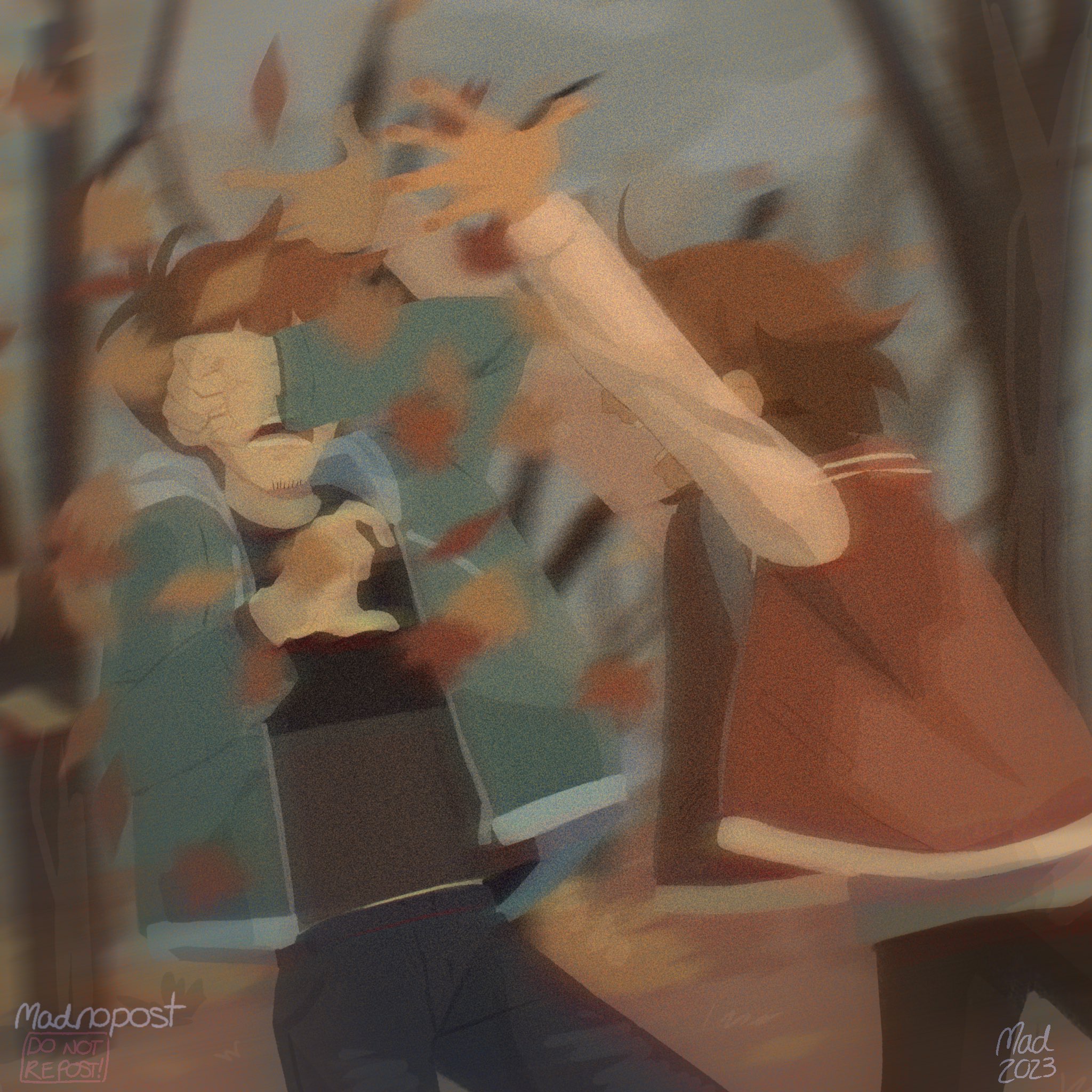 madnopost, hero (faraway) (omori), hero (omori), kel (faraway) (omori), kel (omori), omori, highres, 2023, 2boys, alternate costume, arm up, arms up, artist name, autumn leaves, bare tree, black pants, black shirt, blurry, blurry background, brothers, brown hair, coat, dark-skinned male, dark skin, green coat, jacket, leaf, looking at another, male focus, multiple boys, open clothes, open coat, open mouth, orange jacket, outdoors, pants, shirt, short hair, siblings, teeth, tree
