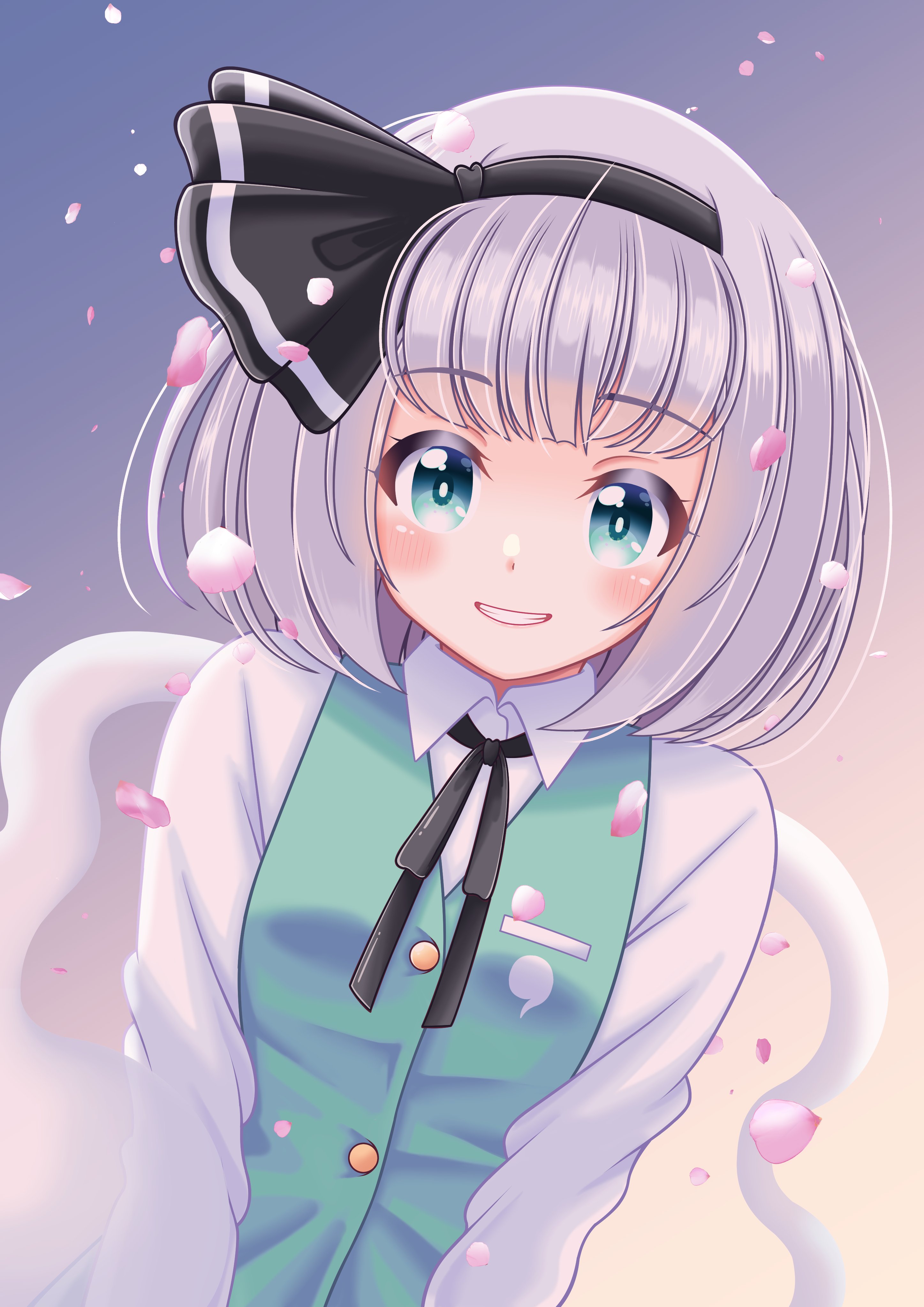 reimei (r758120518), konpaku youmu, konpaku youmu (ghost), touhou, absurdres, highres, 1girl, black hairband, blue eyes, bob cut, cherry blossoms, falling petals, grey hair, hair ribbon, hairband, long sleeves, looking at viewer, open mouth, petals, ribbon, short hair, smile, solo, white hair