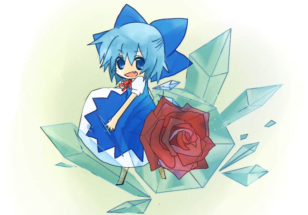 hisashi shin, cirno, phantasmagoria of flower view, touhou, 1girl, blue hair, bow, crystal, fang, female focus, flower, ice, red flower, red rose, ribbon, rose, short hair, solo, wings