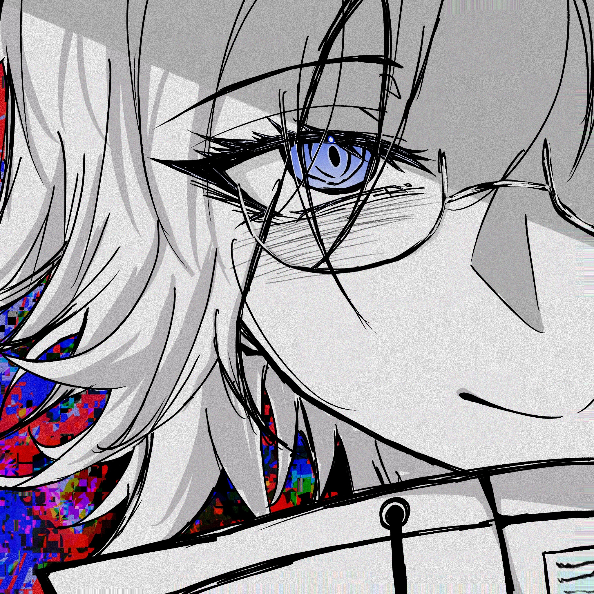 saiteeeeeee, aotsuki eito, the hundred line -last defense academy-, chinese commentary, commentary, highres, 1boy, blue eyes, close-up, glasses, greyscale with colored background, jacket, looking at viewer, male focus, short hair, smile, solo, spot color
