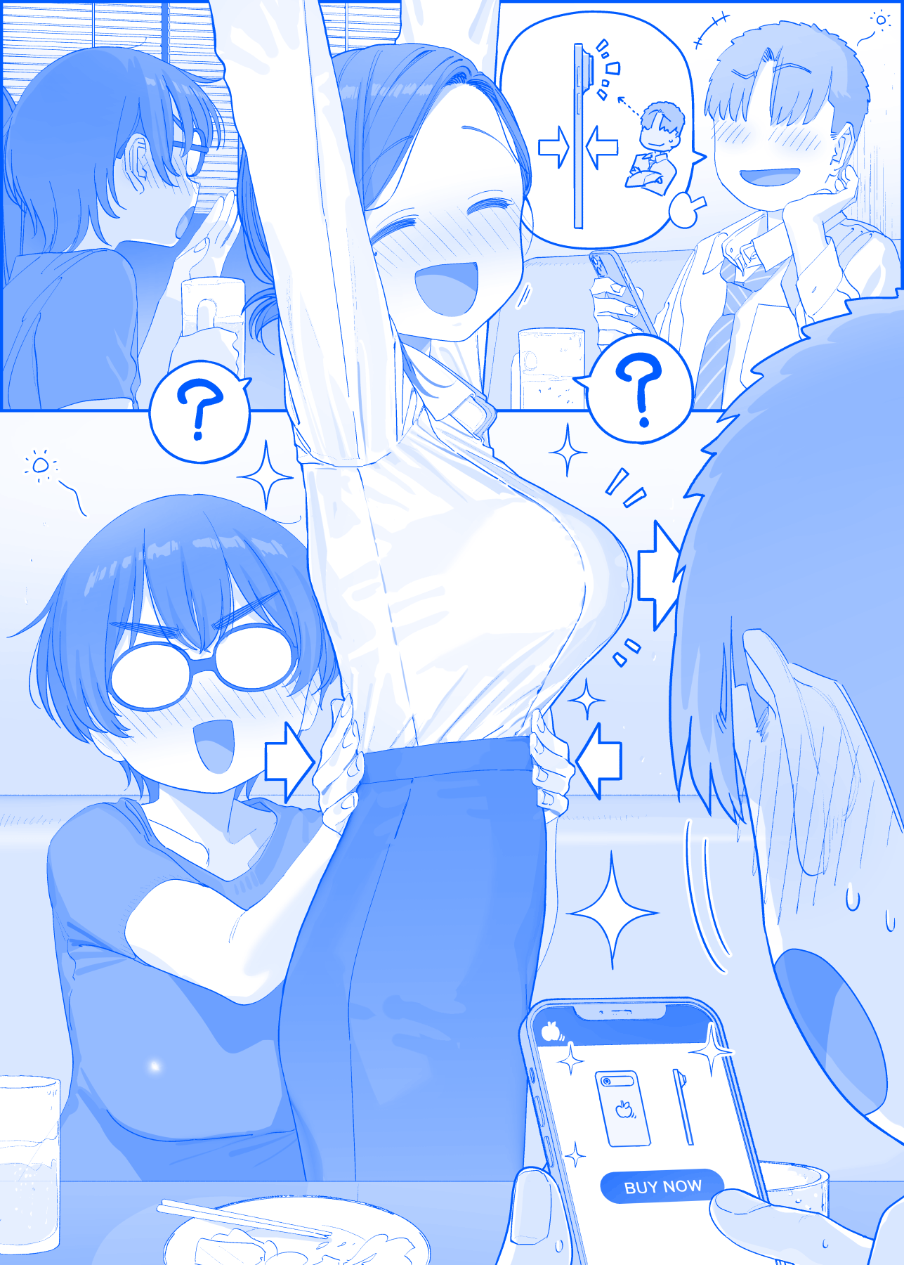 himura kiseki, kouhai-chan (tawawa), rikei-chan (tawawa), senpai (tawawa), getsuyoubi no tawawa, commentary request, highres, 1boy, 2girls, :d, ?, ^ ^, arms up, arrow (symbol), blue theme, blush, breasts, cellphone, chopsticks, closed eyes, drunk, faceless, faceless male, food, glasses, holding, holding phone, large breasts, monochrome, multiple girls, opaque glasses, open mouth, phone, plate, shirt, skirt, smile, spoken question mark, t-shirt