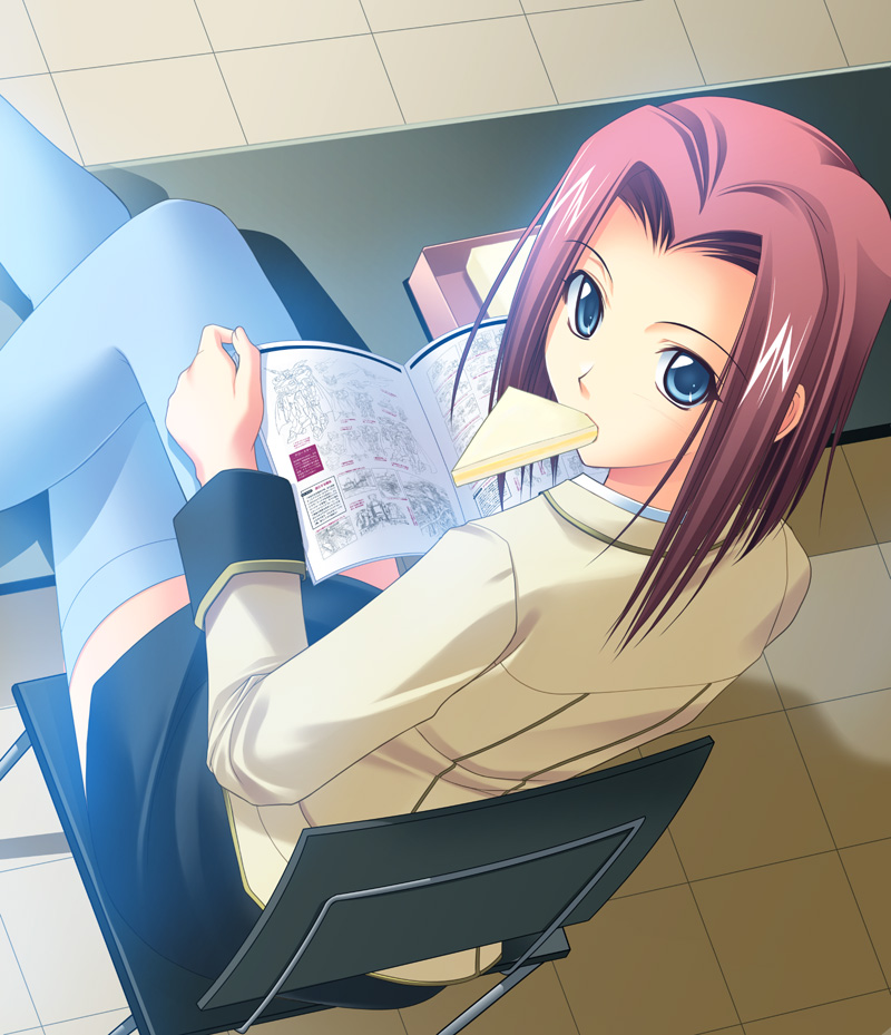 takepon, kouzuki kallen, code geass, 00s, blue eyes, book, bread slice, food, food in mouth, mouth hold, red hair, sandwich, school uniform, serafuku, short hair, skirt, solo, thighhighs, toast, toast in mouth, zettai ryouiki