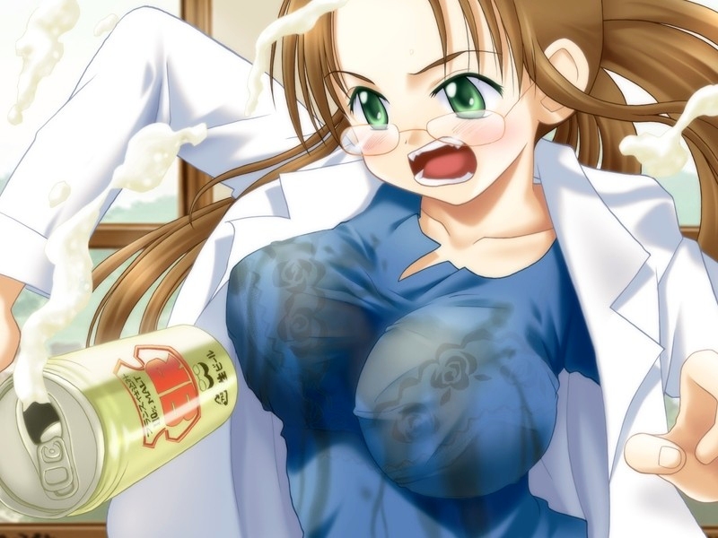 hanamizawa q-tarou, nagakura mako, hoshitoki no kanata, game cg, source request, 1girl, alcohol, angry, beer, breasts, brown hair, drunk, female focus, glasses, green eyes, lab coat, large breasts, open mouth, solo, wet