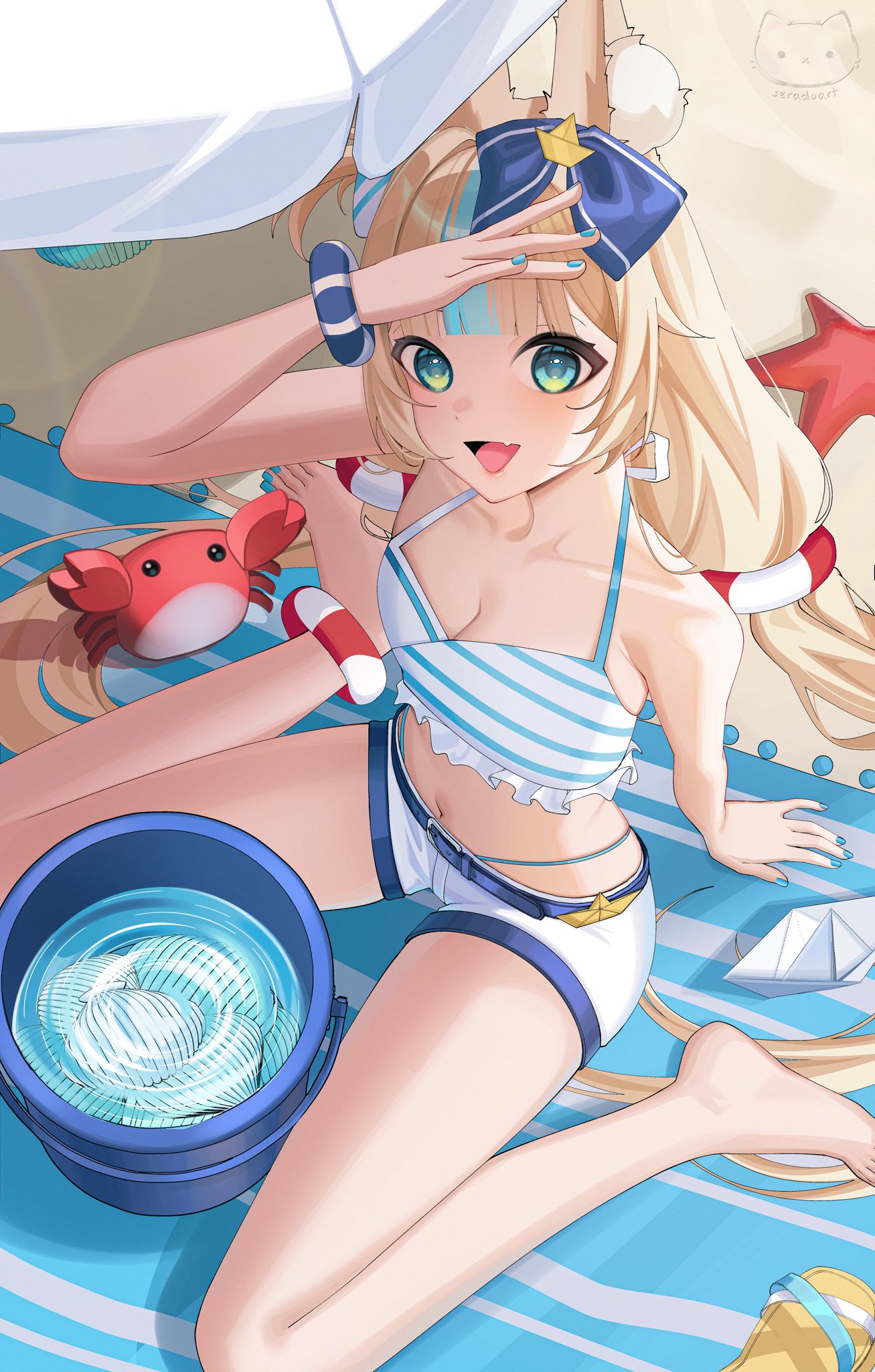 seradoar, kaniki (sameko saba), sameko saba, indie virtual youtuber, commentary, highres, 1girl, :d, animal ear fluff, animal ears, artist logo, artist name, barefoot, beach towel, beach umbrella, bikini, bikini under shorts, blonde hair, blue bow, blue eyes, blue nails, blue streaks, blunt bangs, bow, breasts, cat ears, crab, fang, fins, fish girl, fish tail, frilled bikini, frills, from above, hair bow, highleg, highleg bikini, lifebuoy anklet, lifebuoy hair ornament, logo, long hair, looking at viewer, looking up, low twintails, multicolored hair, nail polish, navel, one side up, open mouth, paper boat, sand, sand bucket, sandals, scrunchie, seashell, shading eyes, shell, short shorts, shorts, sidelocks, sitting, skin fang, smile, solo, starfish, streaked hair, striped bikini, striped clothes, swimsuit, tail, toenail polish, toenails, towel, twintails, umbrella, unworn sandals, very long hair, virtual youtuber, wariza, white shorts, wrist scrunchie