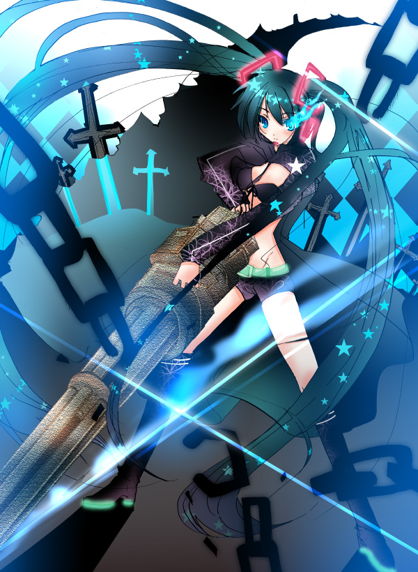 sakayaki (burning soul), black rock shooter (character), hatsune miku, black rock shooter, vocaloid, bad id, bad pixiv id, 1girl, black rock shooter (cosplay), blue eyes, broken, broken chain, chain, cosplay, cross, female focus, gatling gun, gradient hair, green hair, gun, latin cross, midriff, multicolored hair, solo, star (symbol), twintails, weapon