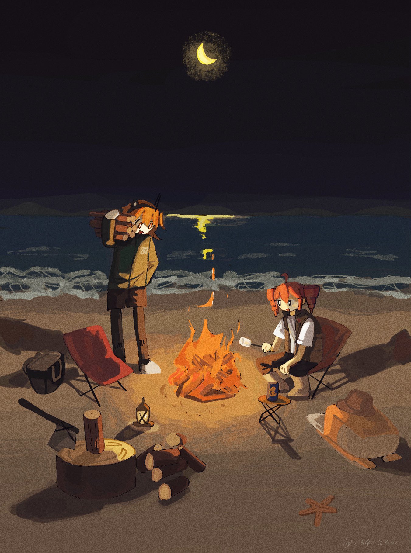 izayoi (i34i22w), adachi rei, kasane teto, a.i. voice, utau, commentary, highres, symbol-only commentary, 2girls, ahoge, alternate costume, axe, beach, black pants, black shirt, black vest, campfire, camping, camping chair, carrying over shoulder, chair, crescent moon, drill hair, fire, firewood, folding chair, food, hand on own hip, hatchet (axe), holding, holding stick, horizon, lamp, long sleeves, looking at another, marshmallow, moon, multiple girls, night, ocean, open mouth, orange hair, outdoors, pants, pantyhose, pantyhose under shorts, red hair, shirt, short sleeves, shorts, sitting, smile, standing, starfish, stick, tree stump, twin drills, vest, wide shot