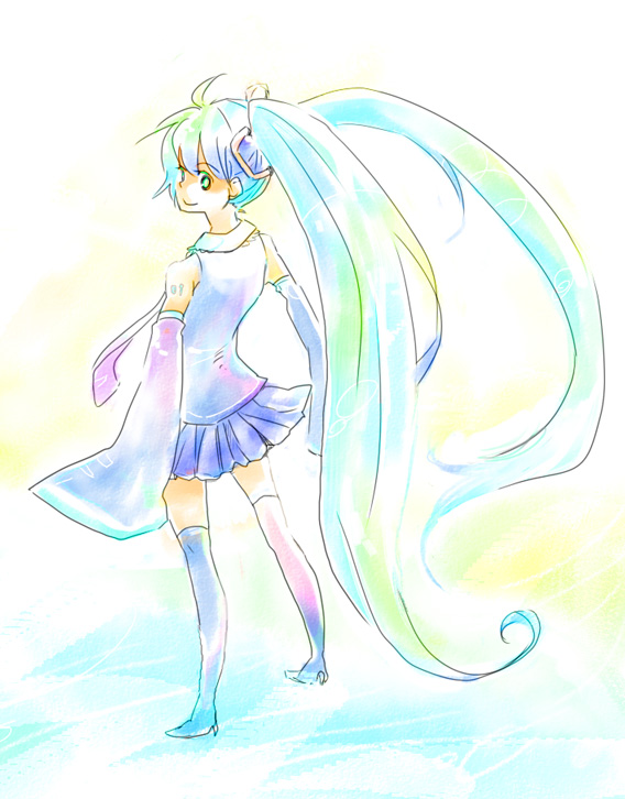 sukeshino, hatsune miku, vocaloid, bad id, bad pixiv id, green eyes, green hair, long hair, solo, twintails, very long hair