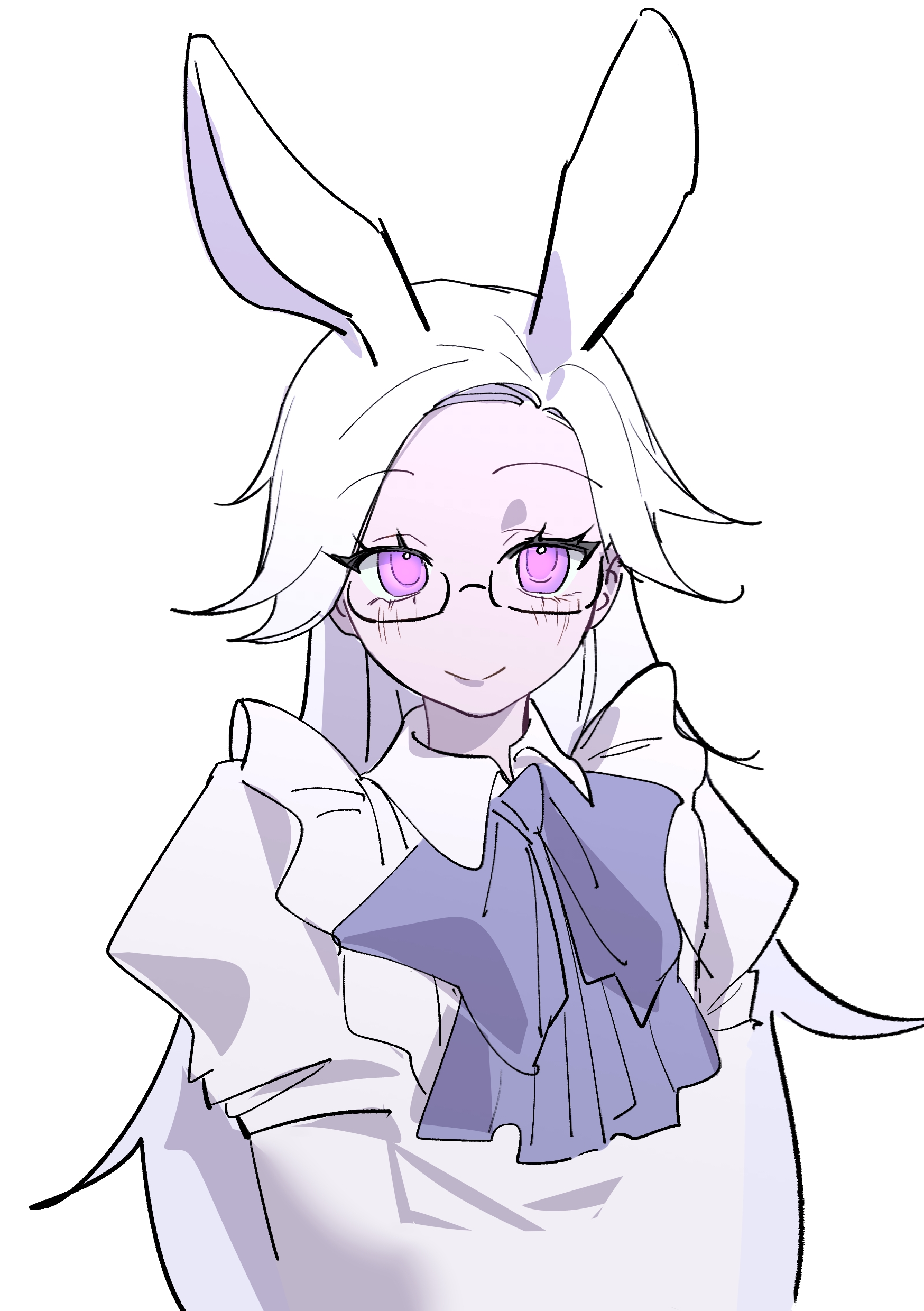 aotsuki eito, the hundred line -last defense academy-, absurdres, chinese commentary, commentary request, highres, 1girl, animal ears, blue bow, bow, bowtie, bright pupils, chiiichi, collared shirt, frills, genderswap, genderswap (mtf), long hair, pink hair, puffy short sleeves, puffy sleeves, rabbit ears, rabbit girl, shirt, short sleeves, simple background, smile, upper body, white background, white pupils