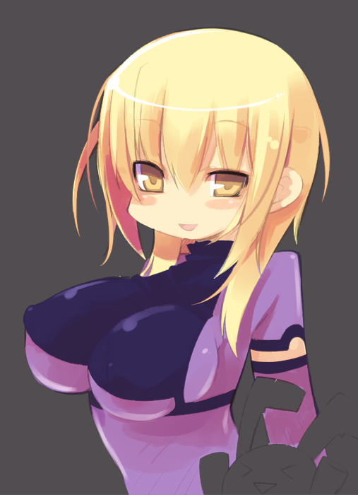 zankuro, ernula, senkou no ronde, bad id, bad pixiv id, 1girl, blonde hair, blush, bodysuit, breasts, covered erect nipples, female focus, grey background, large breasts, no nose, open mouth, purple bodysuit, rabbit, simple background, solo, yellow eyes