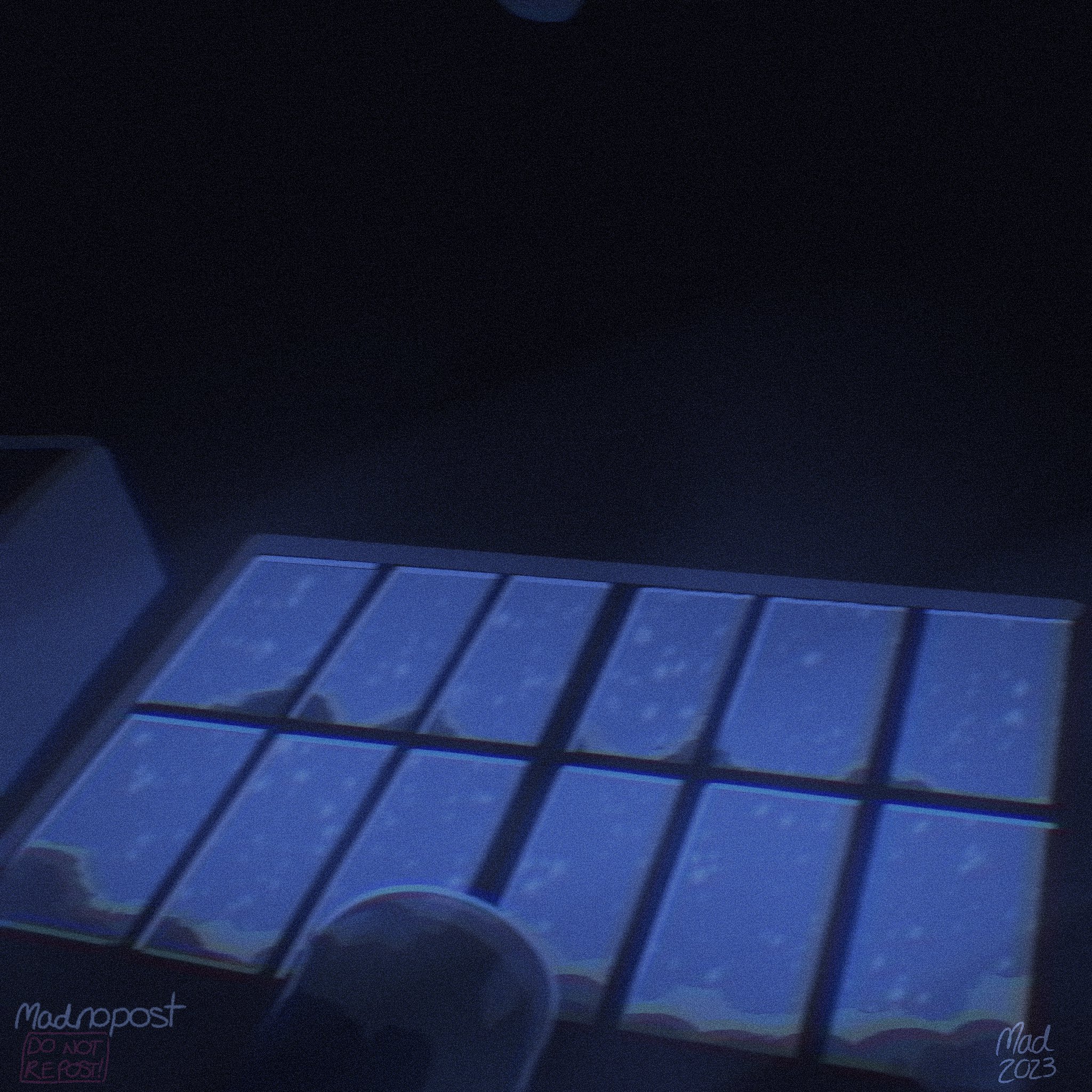 madnopost, omori, highres, 2023, alternate costume, artist name, indoors, night, no humans, snow, snowing, window