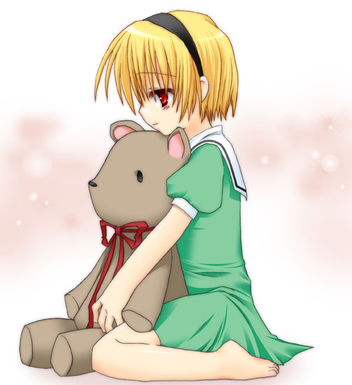 fuyuichi, houjou satoko, higurashi no naku koro ni, 00s, 1girl, barefoot, blonde hair, child, feet, female focus, hairband, kneeling, profile, red eyes, sitting, solo, stuffed animal, stuffed toy, teddy bear, toes, wariza