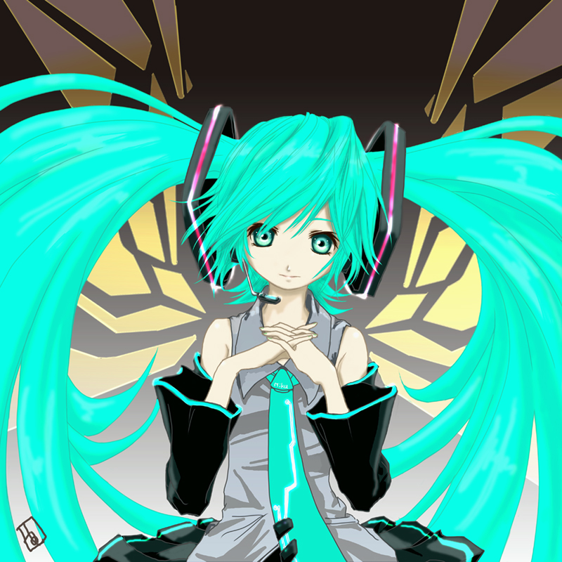 akio (akio 1963), akio (zero hour), hatsune miku, vocaloid, bad id, bad pixiv id, detached sleeves, green eyes, green hair, solo, twintails