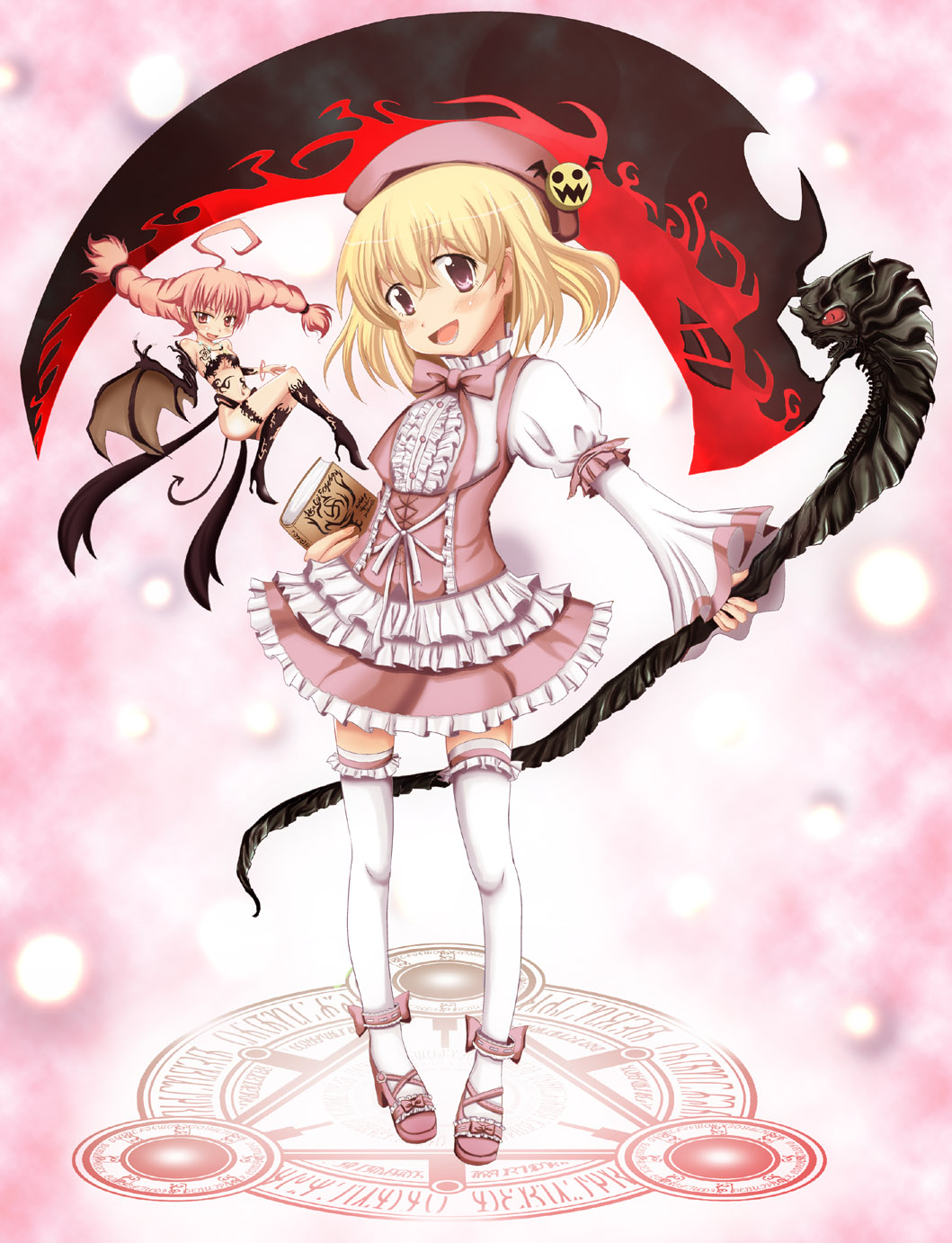 yotsuha (little squash), original, highres, 1girl, bat wings, blonde hair, book, demon tail, fairy, female focus, magic circle, mini person, minigirl, pink eyes, pink hair, scythe, solo, staff, tail, thighhighs, twintails, wings