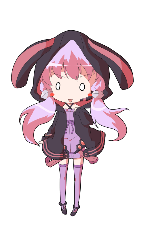 dairi, yuzuki yukari, voiceroid, commentary request, large variant set, variant set, 1girl, :d, animal ear hood, animal ears, black boots, black jacket, boots, deformed, dress, fake animal ears, flat chest, full body, hair tubes, hand up, hood, hood up, hooded jacket, jacket, long hair, long sleeves, looking at viewer, microdress, o o, open clothes, open jacket, open mouth, pink hair, purple dress, purple thighhighs, rabbit ears, simple background, smile, solo, standing, straight-on, tachi-e, thighhighs, transparent background, v-shaped eyebrows, zettai ryouiki