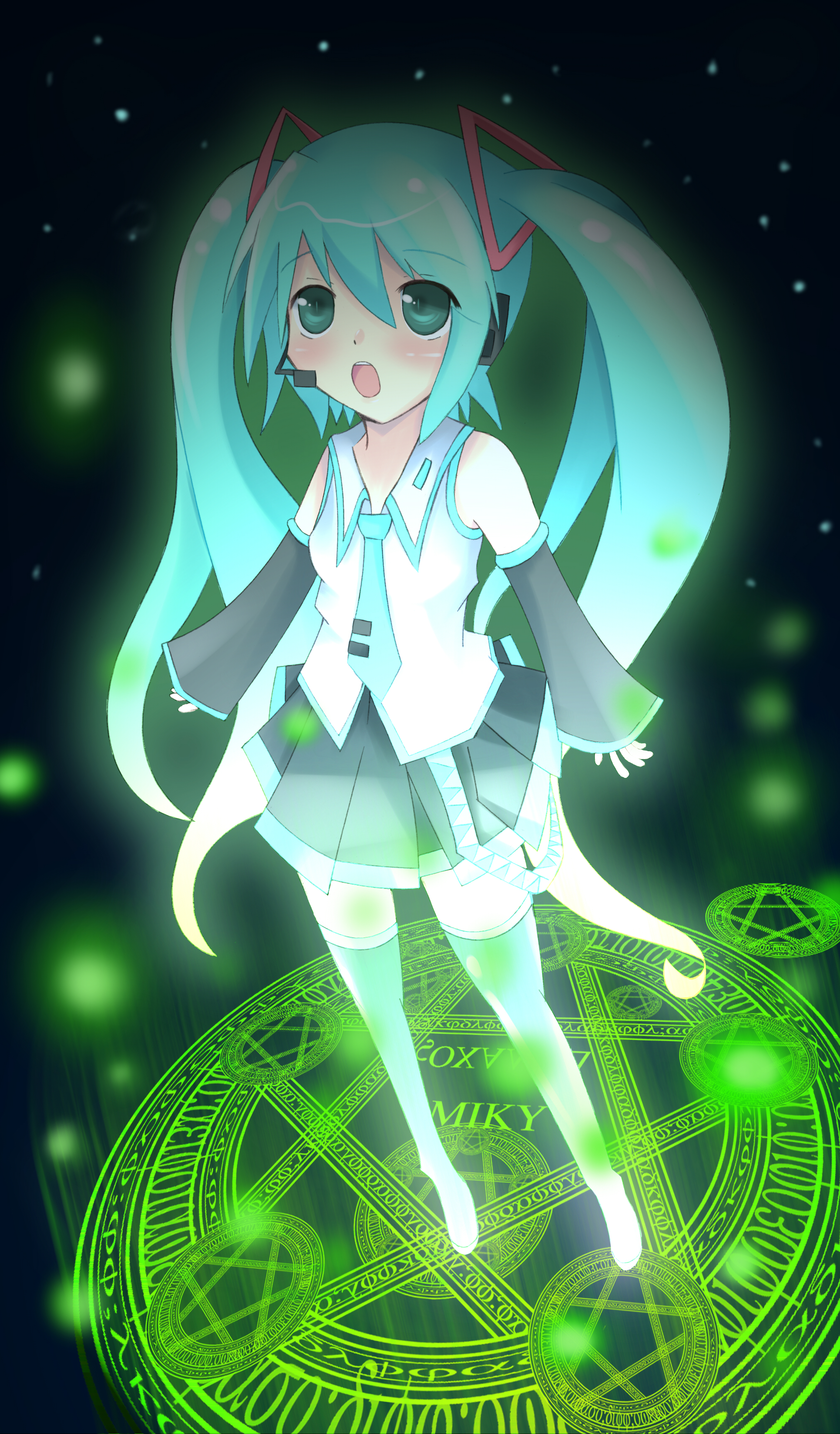 eva (pixiv), evangelline, hatsune miku, vocaloid, absurdres, bad id, bad pixiv id, highres, 1girl, detached sleeves, female focus, green eyes, green hair, matching hair/eyes, solo, thighhighs, twintails