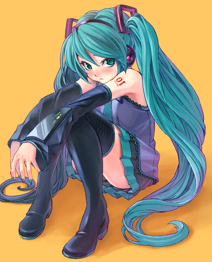 yahako, hatsune miku, vocaloid, bad id, bad pixiv id, 1girl, aqua hair, blush, detached sleeves, female focus, flat chest, green eyes, long hair, looking at viewer, sitting, skirt, solo, thighhighs, twintails, very long hair, yahako (pixiv)