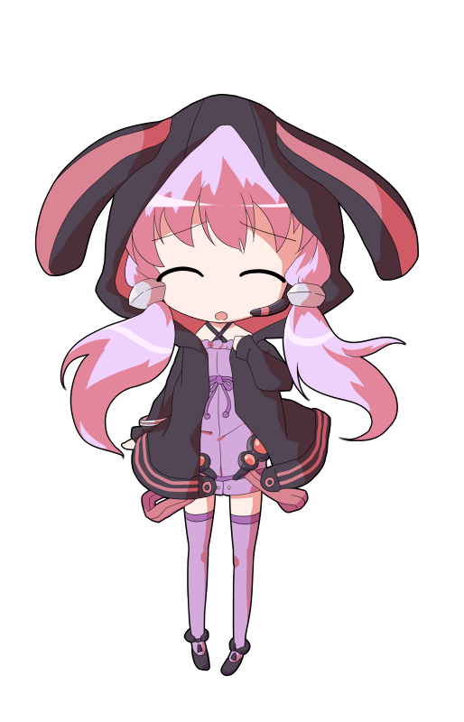 dairi, yuzuki yukari, voiceroid, commentary request, large variant set, variant set, 1girl, :o, ^ ^, animal ear hood, animal ears, black boots, black jacket, boots, closed eyes, deformed, dress, facing viewer, fake animal ears, flat chest, full body, hair tubes, hand up, hood, hood up, hooded jacket, jacket, long hair, long sleeves, microdress, open clothes, open jacket, open mouth, pink hair, purple dress, purple thighhighs, rabbit ears, simple background, solo, standing, straight-on, tachi-e, thighhighs, transparent background, zettai ryouiki