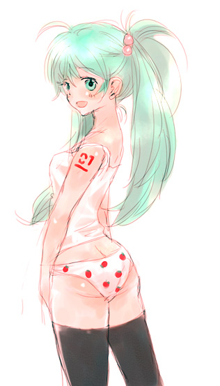 sleep227, hatsune miku, vocaloid, bad id, bad pixiv id, 1girl, aqua eyes, aqua hair, female focus, green eyes, green hair, matching hair/eyes, panties, solo, thighhighs, twintails, underwear