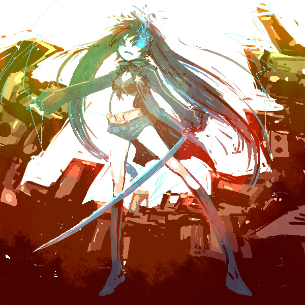 niko (makuwau1i), black rock shooter (character), hatsune miku, black rock shooter, vocaloid, 10s, 1girl, bad anatomy, belt, bikini, bikini top only, black hair, blue eyes, boots, coat, female focus, flat chest, front-tie top, gloves, glowing, glowing eye, glowing eyes, hood, hooded jacket, jacket, katana, knee boots, long hair, midriff, pale skin, short shorts, shorts, solo, star (symbol), swimsuit, sword, twintails, uneven twintails, very long hair, weapon