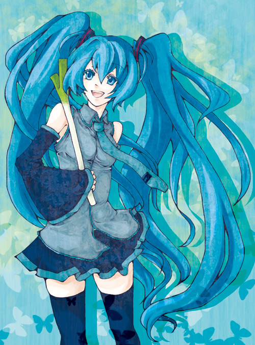 mana (pixiv), mana (pixiv187388), hatsune miku, vocaloid, bad id, bad pixiv id, green eyes, green hair, long hair, solo, thighhighs, twintails, very long hair