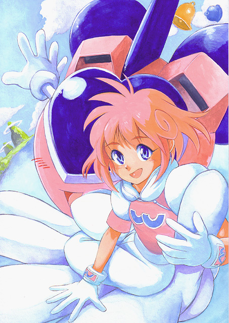 hirokazu, pastel (twinbee), winbee, twinbee, 1980s (style), traditional media, 1girl, :d, bell, blue eyes, blush, cloud, day, female focus, flat chest, flying, gloves, heart, looking at viewer, mecha, oldschool, open mouth, outdoors, pants, pink hair, retro artstyle, robot, short hair, sitting, sky, smile, solo, water