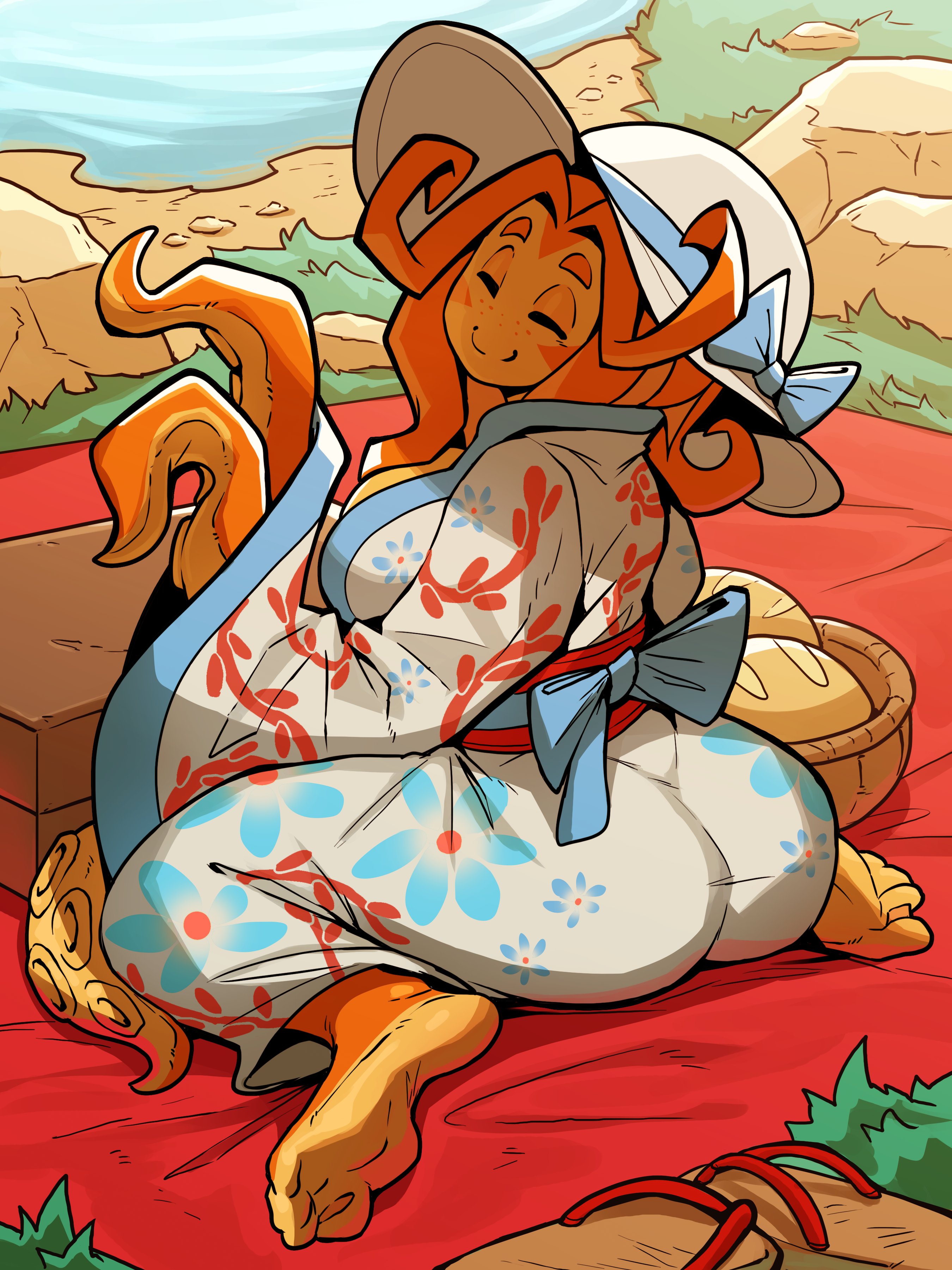 cee-haz, hama (cee-haz), original, absurdres, commentary, english commentary, highres, 1girl, 2025, ass, blue trim, blurry, bow, breasts, closed eyes, closed mouth, colored skin, curly hair, depth of field, extra arms, facing viewer, feet, female focus, floral print, happy, hat, hat bow, japanese clothes, kimono, large breasts, long hair, monster girl, mountain, ocean, octopus girl, orange skin, outdoors, sideboob, sitting, smile, soles, solo, sun hat, tentacles, thick thighs, thighs, wariza, white hat, white kimono