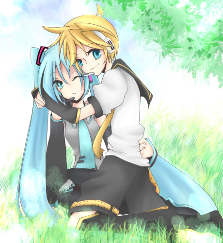 ikubou (idealday), kibou (pue), hatsune miku, kagamine len, vocaloid, bad id, bad pixiv id, lowres, 1boy, 1girl, blonde hair, green eyes, green hair, hetero, hug, long hair, very long hair