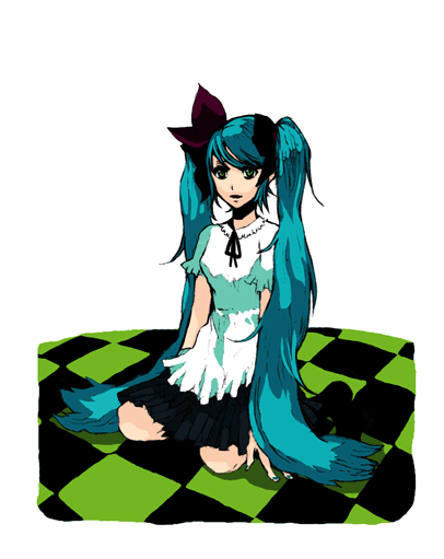 ikimono (pixiv), hatsune miku, vocaloid, world is mine (vocaloid), bad id, bad pixiv id, casual, green hair, long hair, solo, twintails, very long hair