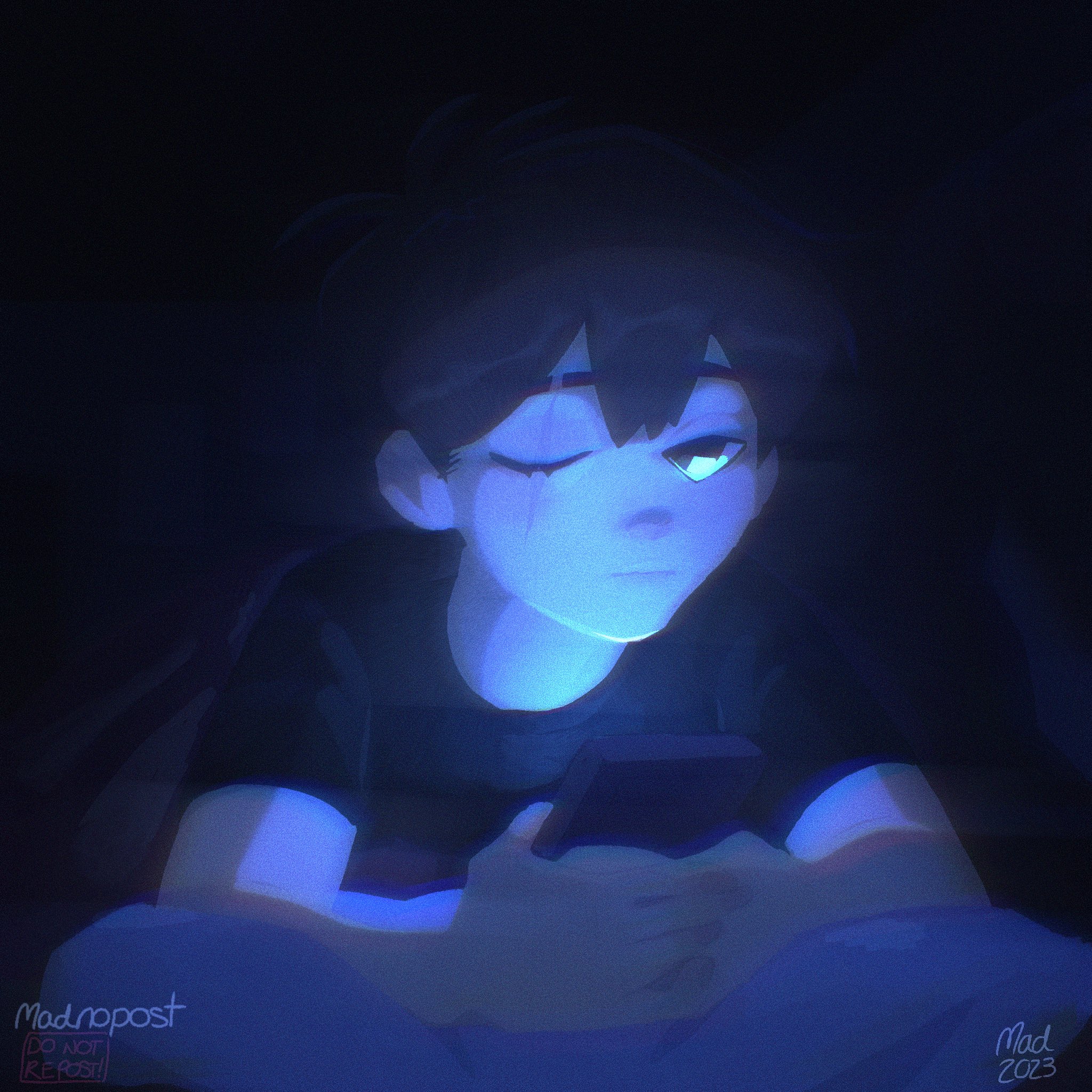 madnopost, sunny (omori), omori, highres, spoilers, 1boy, 2023, alternate costume, antenna hair, artist name, black eyes, black hair, black shirt, cellphone, closed mouth, double-parted bangs, hair between eyes, indoors, looking at viewer, lying, male focus, on stomach, one eye closed, phone, scar, scar across eye, scar on face, shirt, smartphone, solo, t-shirt