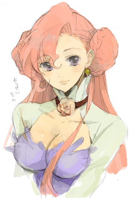 poo (donkan gokko), euphemia li britannia, code geass, non-web source, 00s, 1girl, breasts, cleavage, donut hair bun, dress, earrings, female focus, hair bun, jewelry, large breasts, long hair, pink hair, purple eyes, solo
