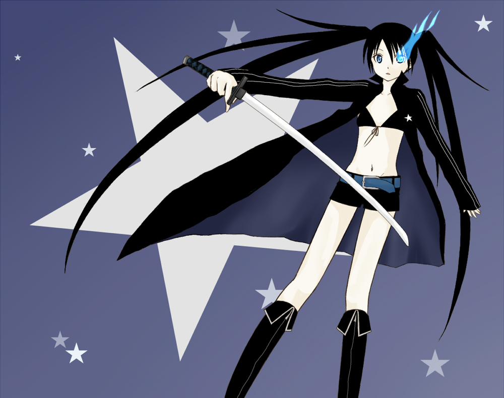 kuma (malia k), black rock shooter (character), hatsune miku, black rock shooter, vocaloid, bad id, bad pixiv id, 10s, 1girl, belt, bikini, bikini top only, black hair, blue eyes, boots, coat, female focus, flat chest, front-tie top, glowing, glowing eyes, jacket, katana, knee boots, long hair, midriff, navel, pale skin, shorts, solo, star (symbol), swimsuit, sword, twintails, uneven twintails, very long hair, weapon
