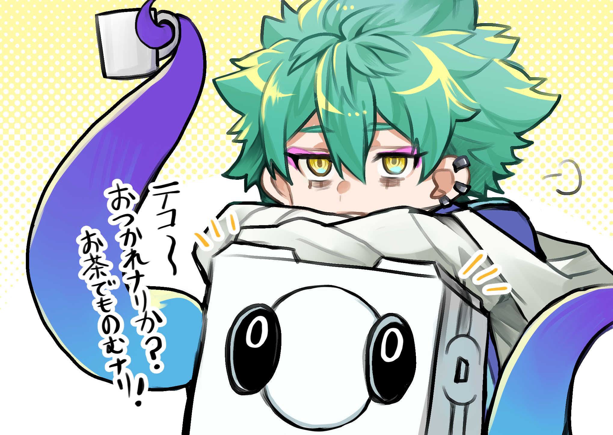 susu no dango, commentary request, highres, translation request, 1boy, arale (shuten order), arm rest, black eyes, crossed arms, cup, ear piercing, eyeshadow, green hair, head rest, holding, holding cup, makeup, mug, piercing, pink eyeshadow, puff of air, short hair, shuten order, teko ion, tentacles, white background, yellow background, yellow eyes