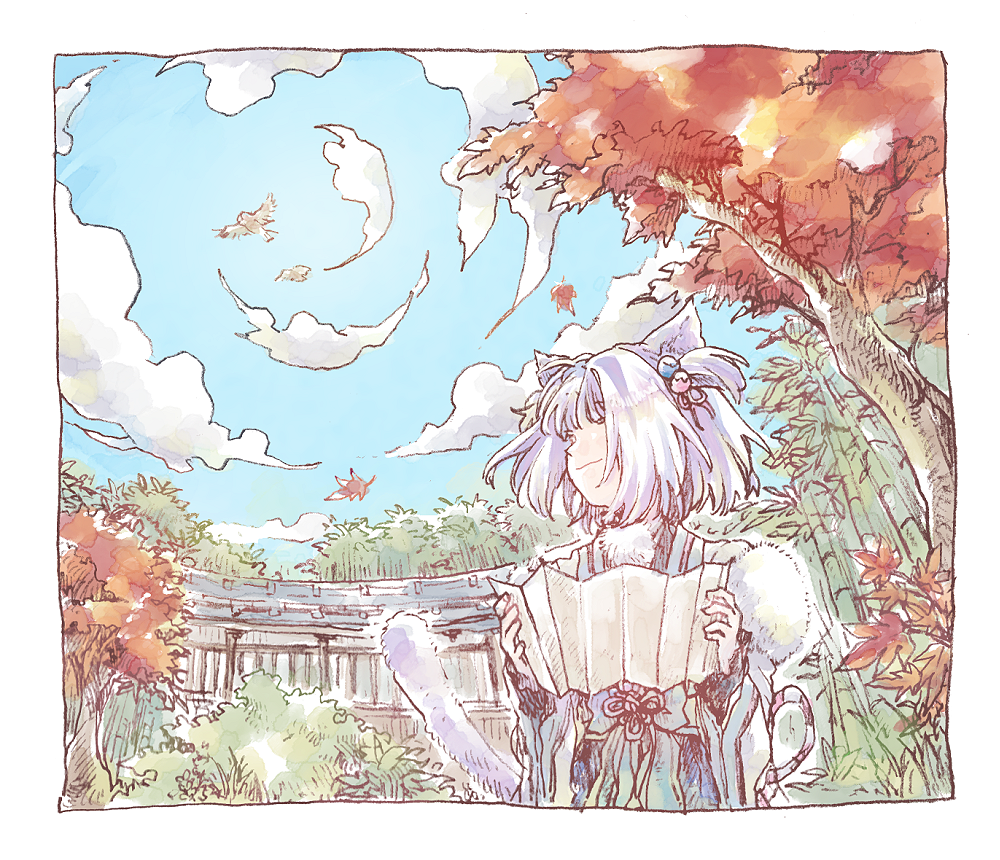 michibata 65, necoco (another eden), another eden, commentary request, 1girl, animal ears, bamboo, bird, blue sky, border, building, bush, cat ears, cat girl, cat tail, closed mouth, cloud, day, falling leaves, feather boa, floating hair, hair bobbles, hair ornament, hatching (texture), holding, holding paper, japanese clothes, kimono, kouhaku nawa, leaf, light smile, linear hatching, long sleeves, looking to the side, outdoors, paper, pom pom (clothes), purple hair, rope, shimenawa, short hair, sky, solo, standing, tail, tree, turning head, two side up, upper body, white border, white kimono