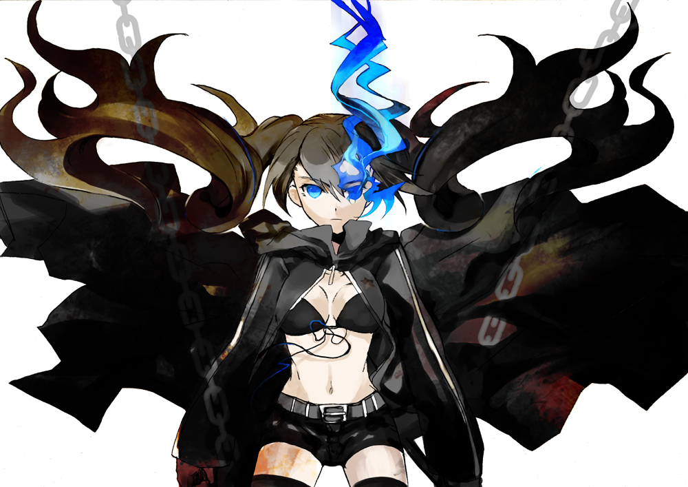sei (pixiv), sei (resonableworld), black rock shooter (character), hatsune miku, black rock shooter, vocaloid, 10s, 1girl, belt, bikini, bikini top only, black bikini, black hair, blue eyes, breasts, chain, cleavage, coat, female focus, front-tie top, gloves, glowing, glowing eye, glowing eyes, hood, hooded jacket, jacket, katana, long hair, midriff, navel, short shorts, shorts, small breasts, solo, star (symbol), swimsuit, sword, twintails, very long hair, weapon, zipper