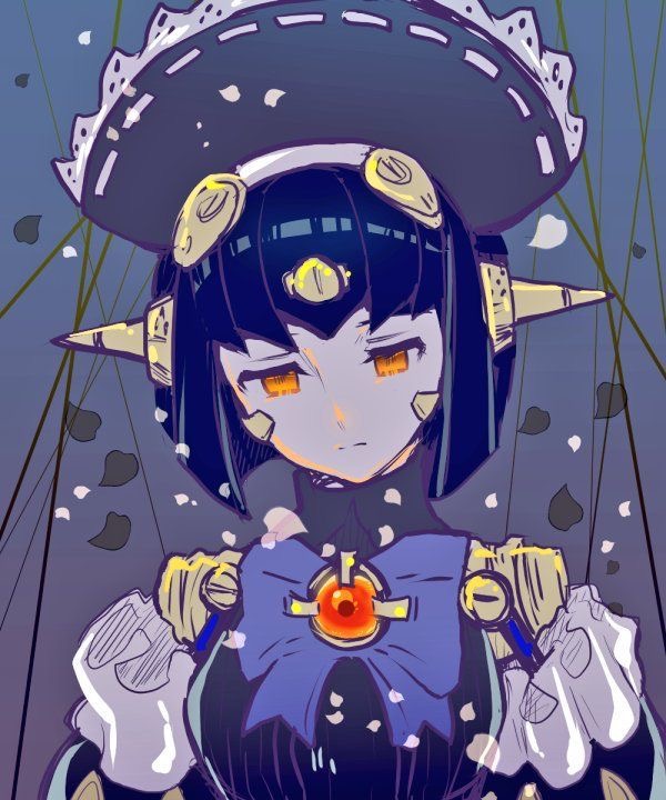 mghs1220, lila (xenoblade), xenoblade chronicles (series), xenoblade chronicles 2, non-web source, 1girl, blue ribbon, brown hair, frown, hair ornament, humanoid robot, looking down, maid, maid headdress, petals, plant, purple background, ribbon, robot, robot ears, sad, vines, yellow eyes