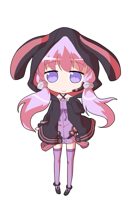 dairi, yuzuki yukari, voiceroid, commentary request, large variant set, variant set, 1girl, :>, animal ear hood, animal ears, black boots, black jacket, boots, deformed, dress, fake animal ears, flat chest, full body, hair tubes, hand up, hood, hood up, hooded jacket, jacket, long hair, long sleeves, microdress, open clothes, open jacket, pink hair, purple dress, purple eyes, purple thighhighs, rabbit ears, simple background, smile, solo, standing, straight-on, tachi-e, thighhighs, transparent background, zettai ryouiki