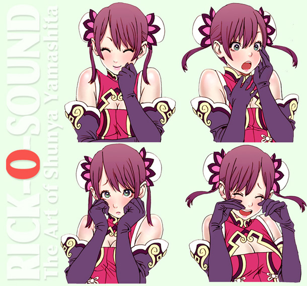 yamashita shun'ya, non-non, wild flower, 1girl, blush, bun cover, double bun, elbow gloves, gloves, hair bun, multiple expressions, simple background, smile, surprised, tears