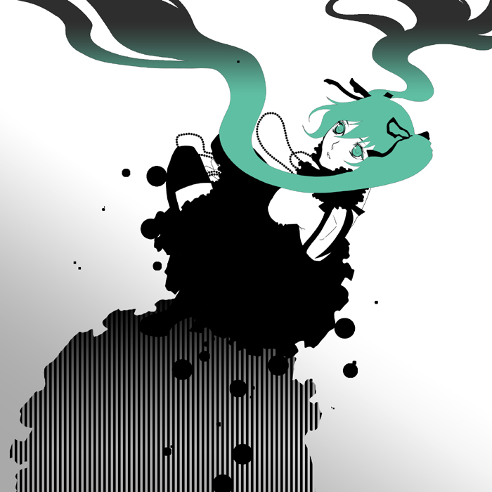 npn, hatsune miku, vocaloid, bad id, bad pixiv id, tagme, green eyes, green hair, green theme, long hair, monochrome, solo, twintails, very long hair