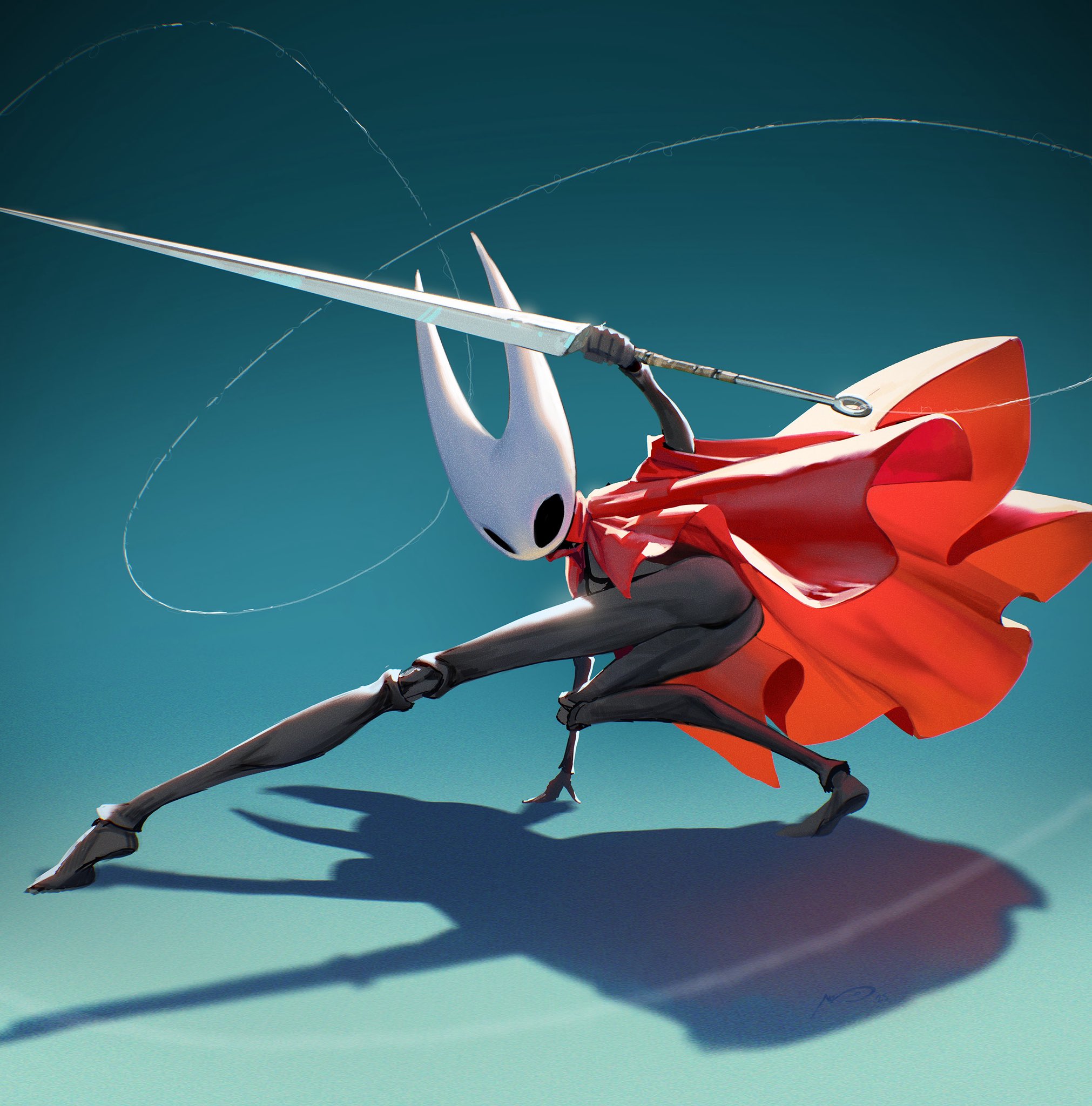marc brunet, hornet (hollow knight), hollow knight, hollow knight: silksong, commentary, english commentary, highres, 1girl, arm support, arthropod girl, ass, black skin, blue background, cloak, colored skin, dynamic pose, holding, holding weapon, horned mask, legs, mask, needle (hollow knight), red cloak, shadow, solo, thread, weapon, white mask